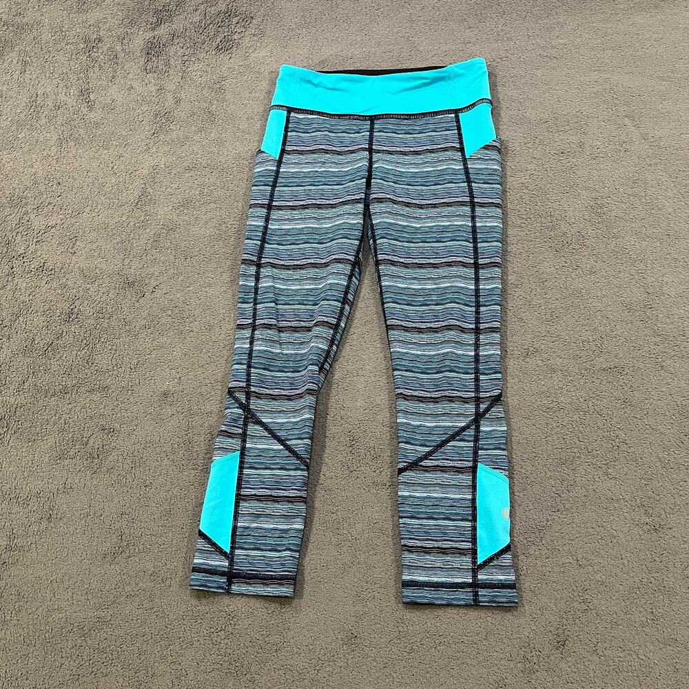 Lululemon Inspire Crop Teal Space Dye Striped Running Leggings Women's Size 4